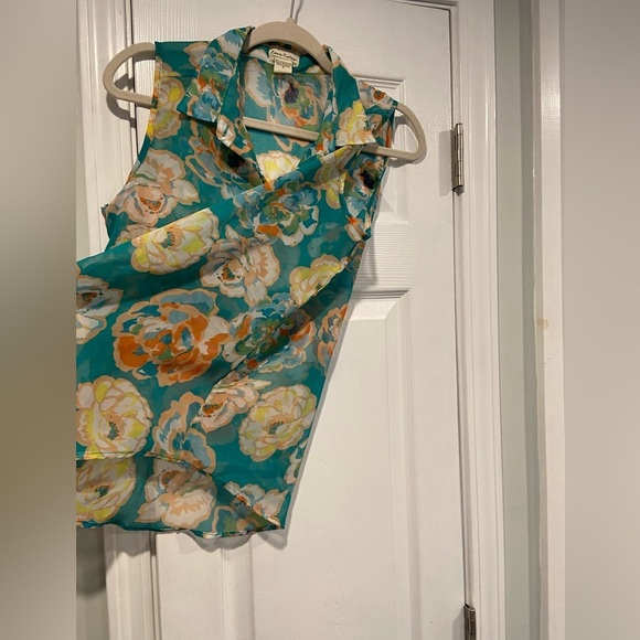 Love Notes Size S Turquoise Floral Sheer Button Down Sleeveless Top - Picture 5 of 9